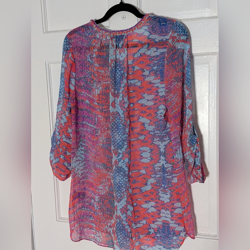Hale Bob Silk Blend Printed Tunic Top Beaded Neck Boho Resort Medium - Picture 5 of 5